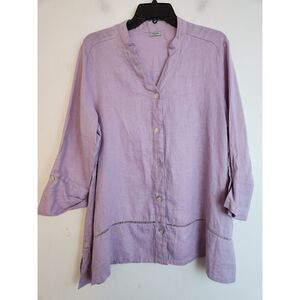 Sympli Women Lavender Purple Collarless 100% Linen Button Down Shirt size Large